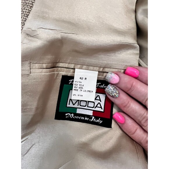 Vintage Lana Moda Fine Italian Mens Blazer Beige Tan Silk Wool Size 42R - Picture 9 of 12